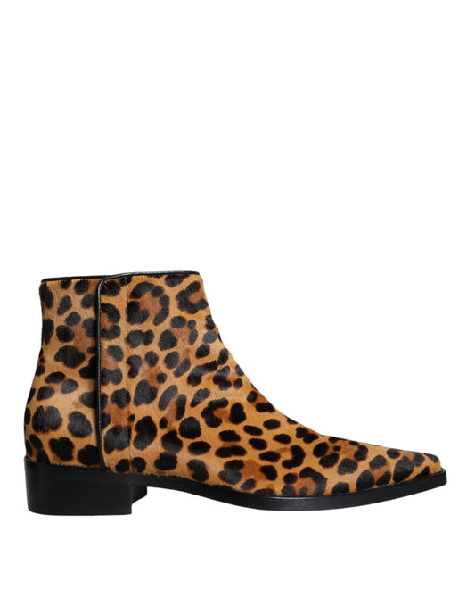 Dolce & Gabbana Braun Leopard Kalb Pelz Ankle Stiefel Schuhe