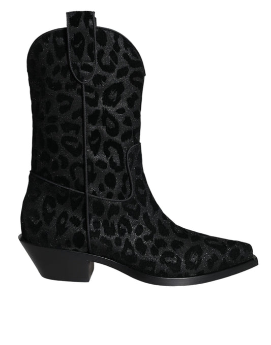 Dolce & Gabbana Black Gray Leopard Cowboy Boots Shoes