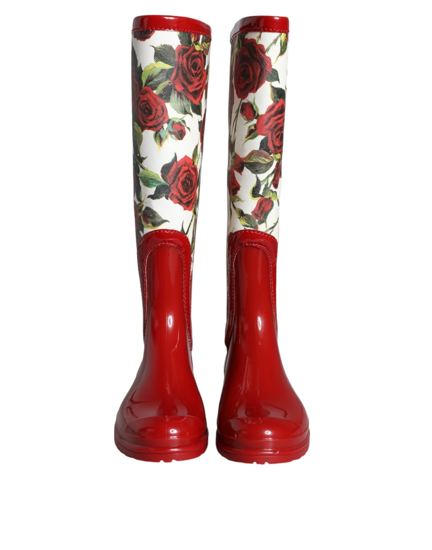 Dolce & Gabbana Rote geblümte kniehohe flache Gummistiefel Schuhe