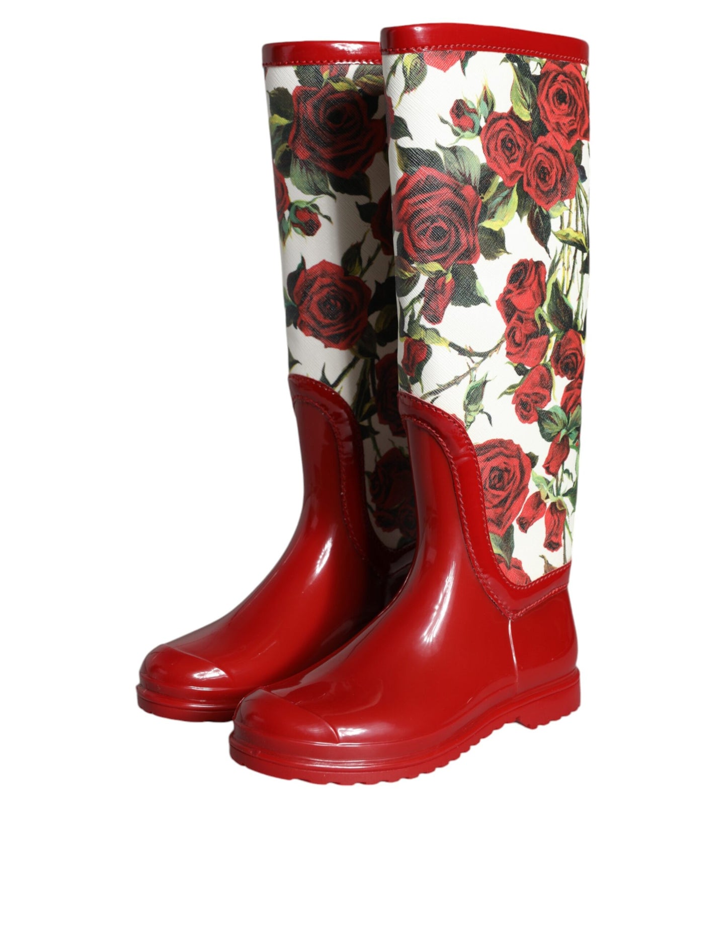 Dolce & Gabbana Rote geblümte kniehohe flache Gummistiefel Schuhe