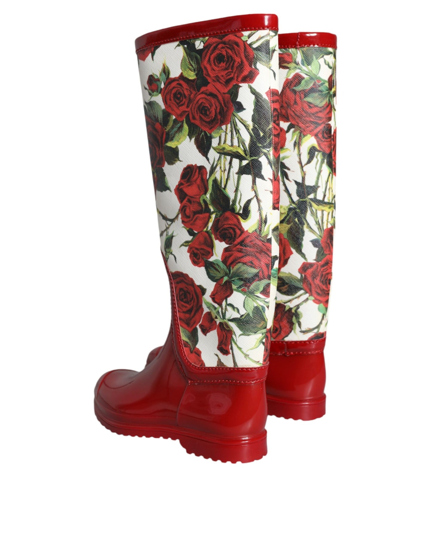 Dolce & Gabbana Rote geblümte kniehohe flache Gummistiefel Schuhe