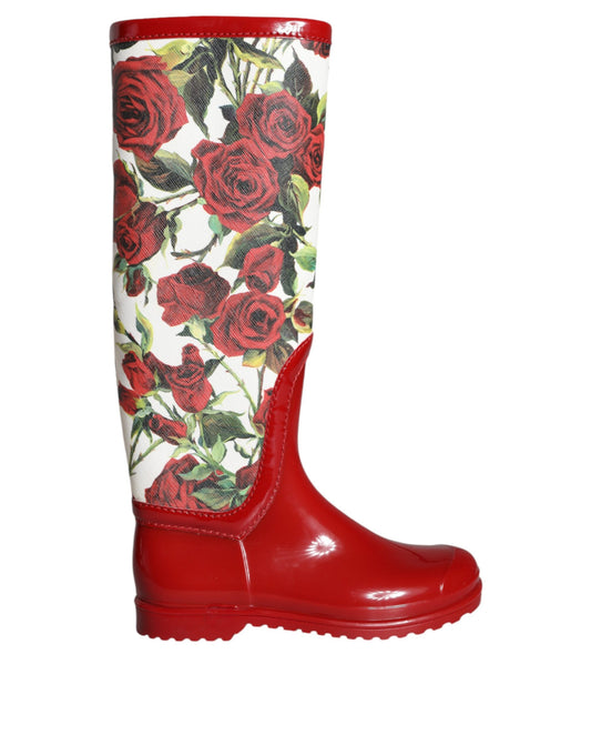 Dolce & Gabbana Rote geblümte kniehohe flache Gummistiefel Schuhe