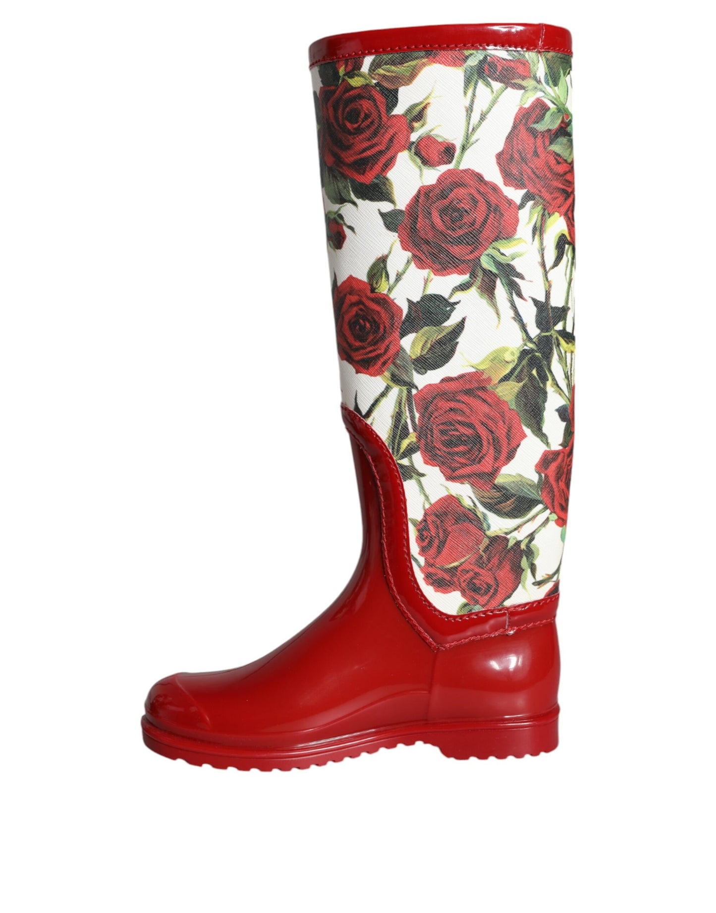 Dolce & Gabbana Rote geblümte kniehohe flache Gummistiefel Schuhe