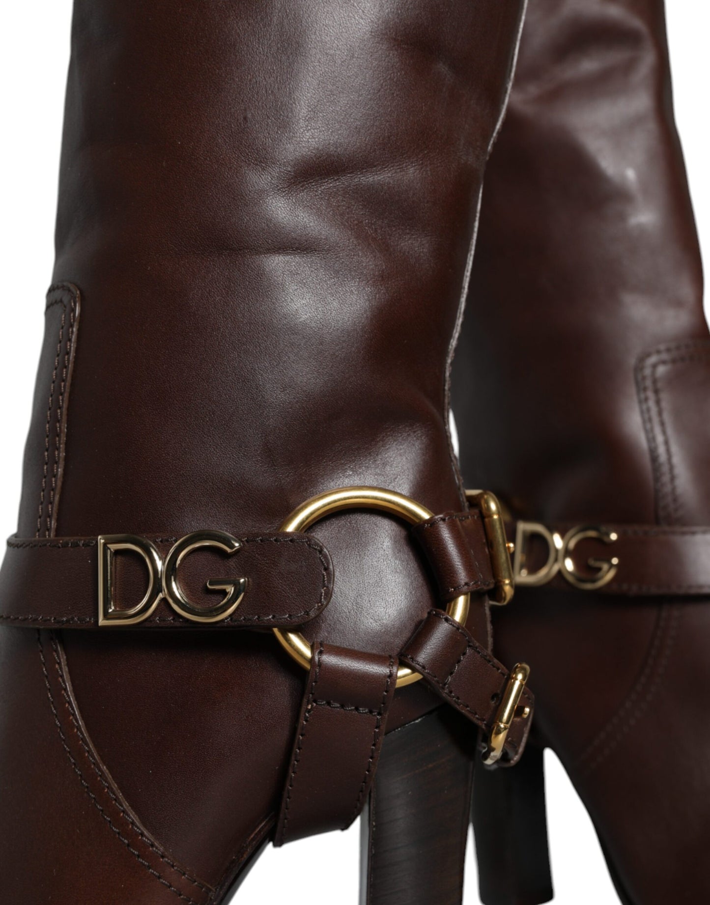 Dolce & Gabbana Braune Leder Gold Ton Logo Hohe Stiefel Schuhe