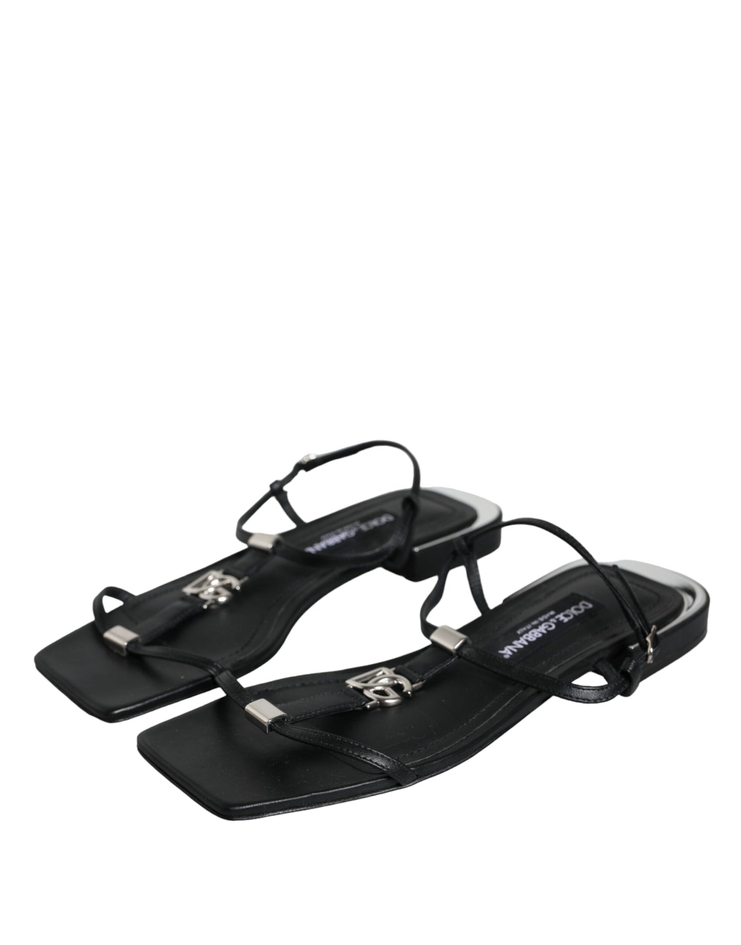 Dolce &amp; Gabbana Black Leather Logo Nilkkahihna Keira Sandals Shoes