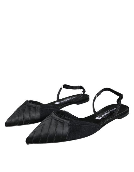 Dolce &amp; Gabbana Black Satin Flats Slingback Sandals -kengät