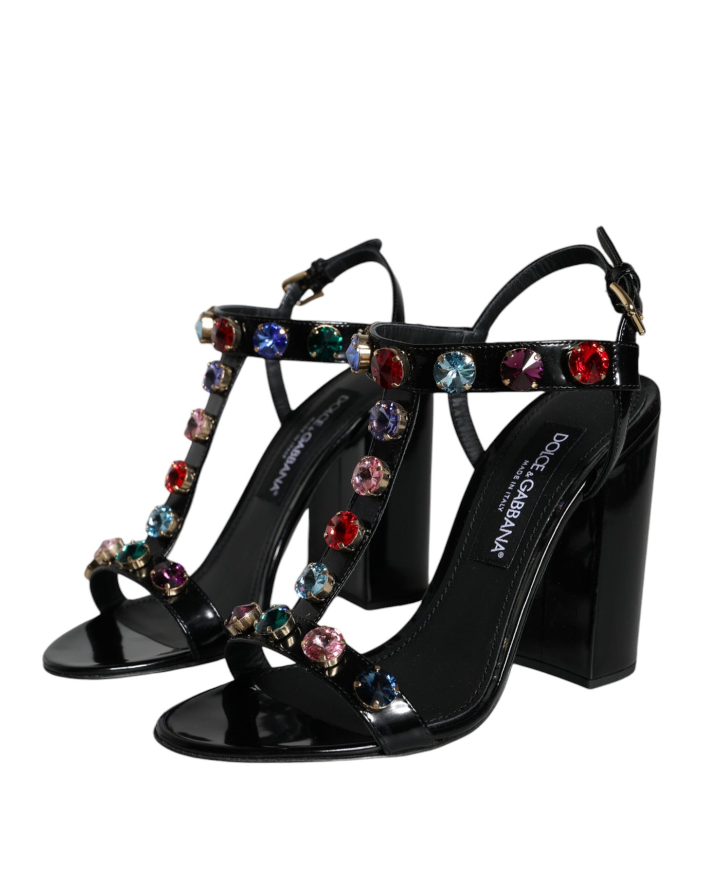 Dolce & Gabbana Schwarze Kristall-Leder T-Riemen-Sandalen Schuhe