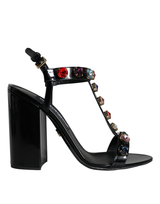 Dolce & Gabbana Schwarze Kristall-Leder T-Riemen-Sandalen Schuhe