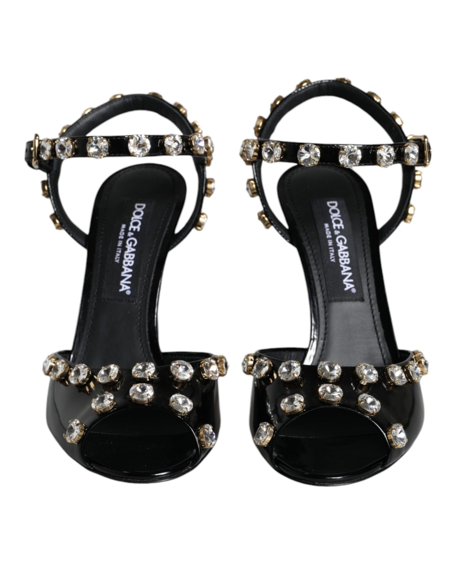 Dolce & Gabbana Schwarze Leder-Kristall-Knöchelriemen-Sandalen Schuhe