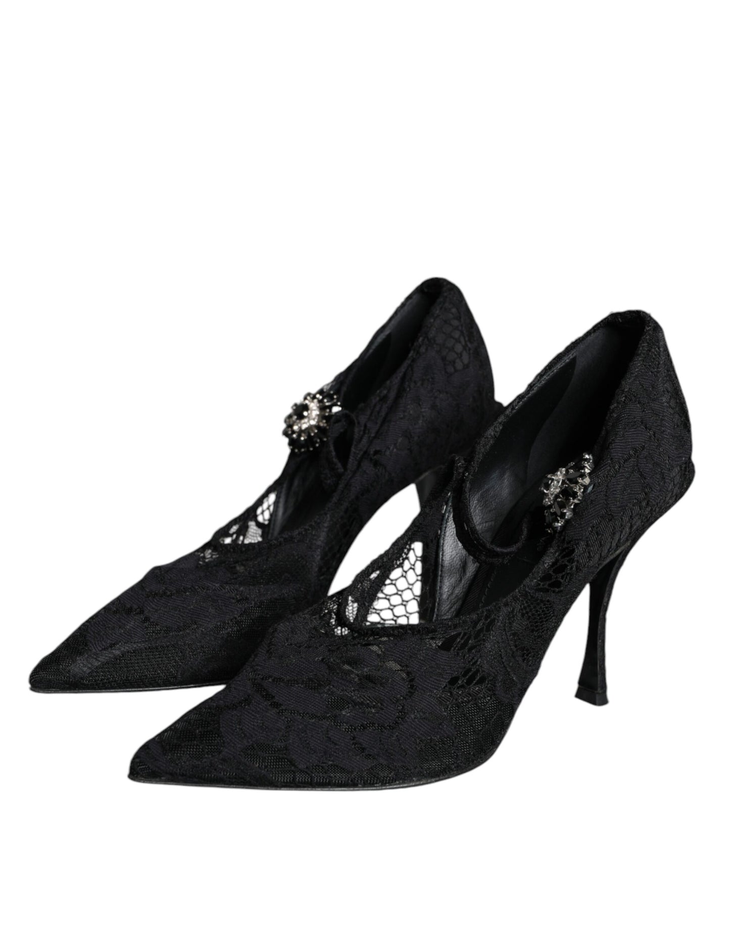 Dolce &amp; Gabbana Black Mary Jane Pumps Lace Crystals Heels Kengät