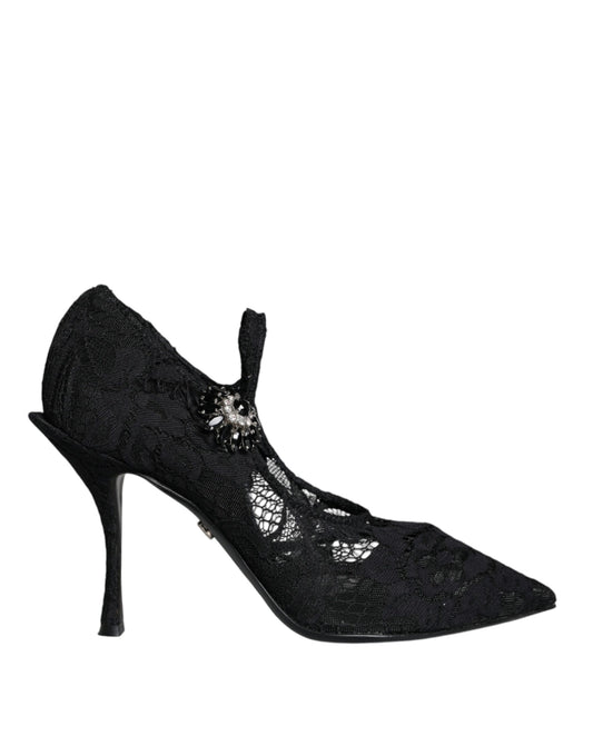 Dolce &amp; Gabbana Black Mary Jane Pumps Lace Crystals Heels Kengät