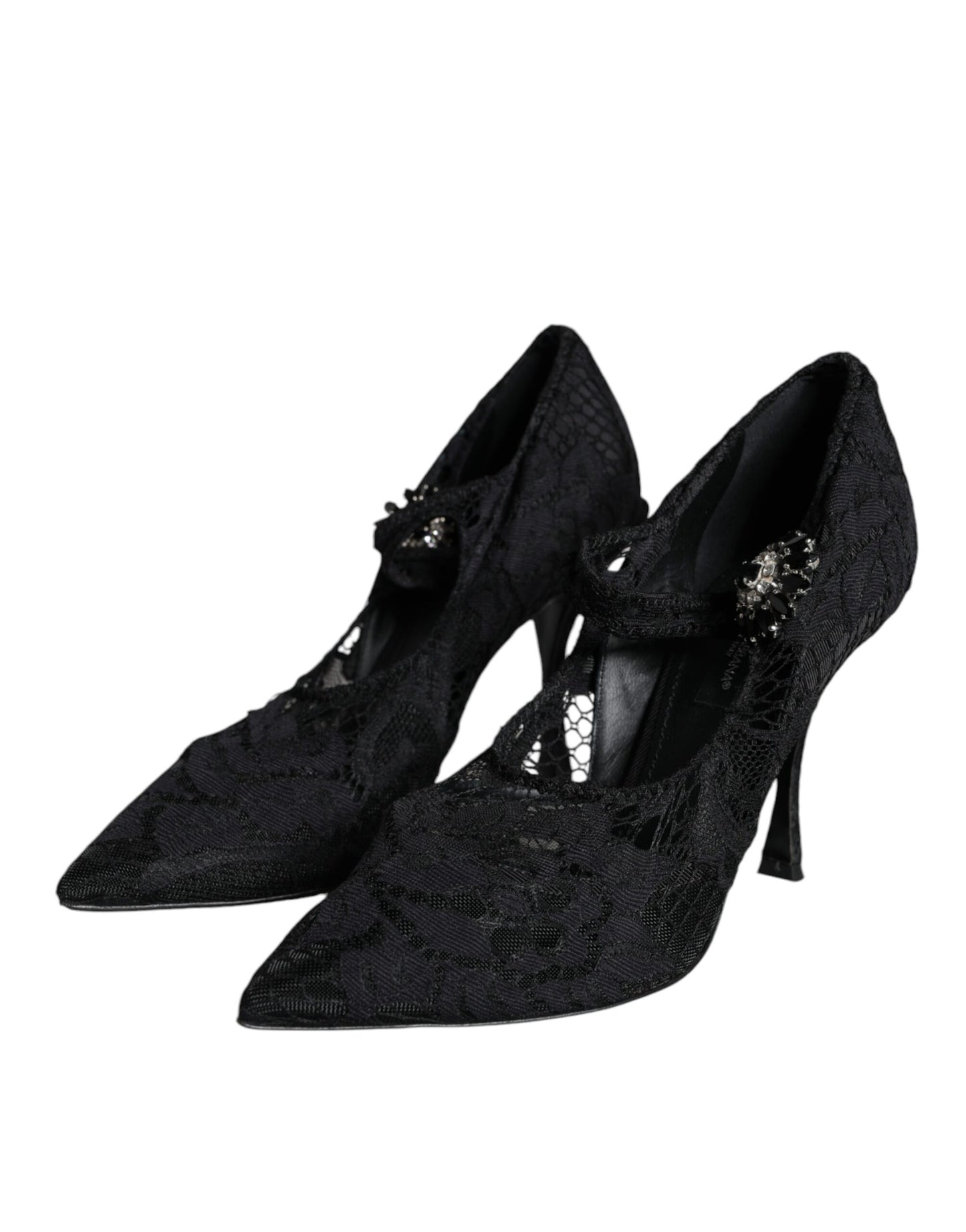 Dolce &amp; Gabbana Black Mary Jane Pumps Lace Crystals Heels Kengät