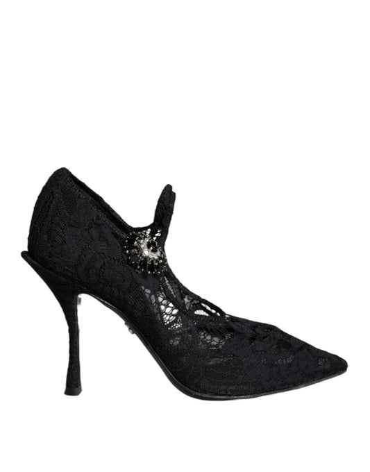 Dolce &amp; Gabbana Black Mary Jane Pumps Lace Crystals Heels Shoes