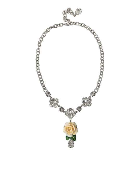 Dolce &amp; Gabbana Silver Brass Clear Crystal Roses Pendants Necklace