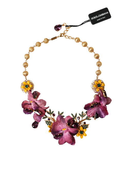 Dolce &amp; Gabbana Gold Brass Mix Fiori Flowers Crystal Chain -kaulakoru