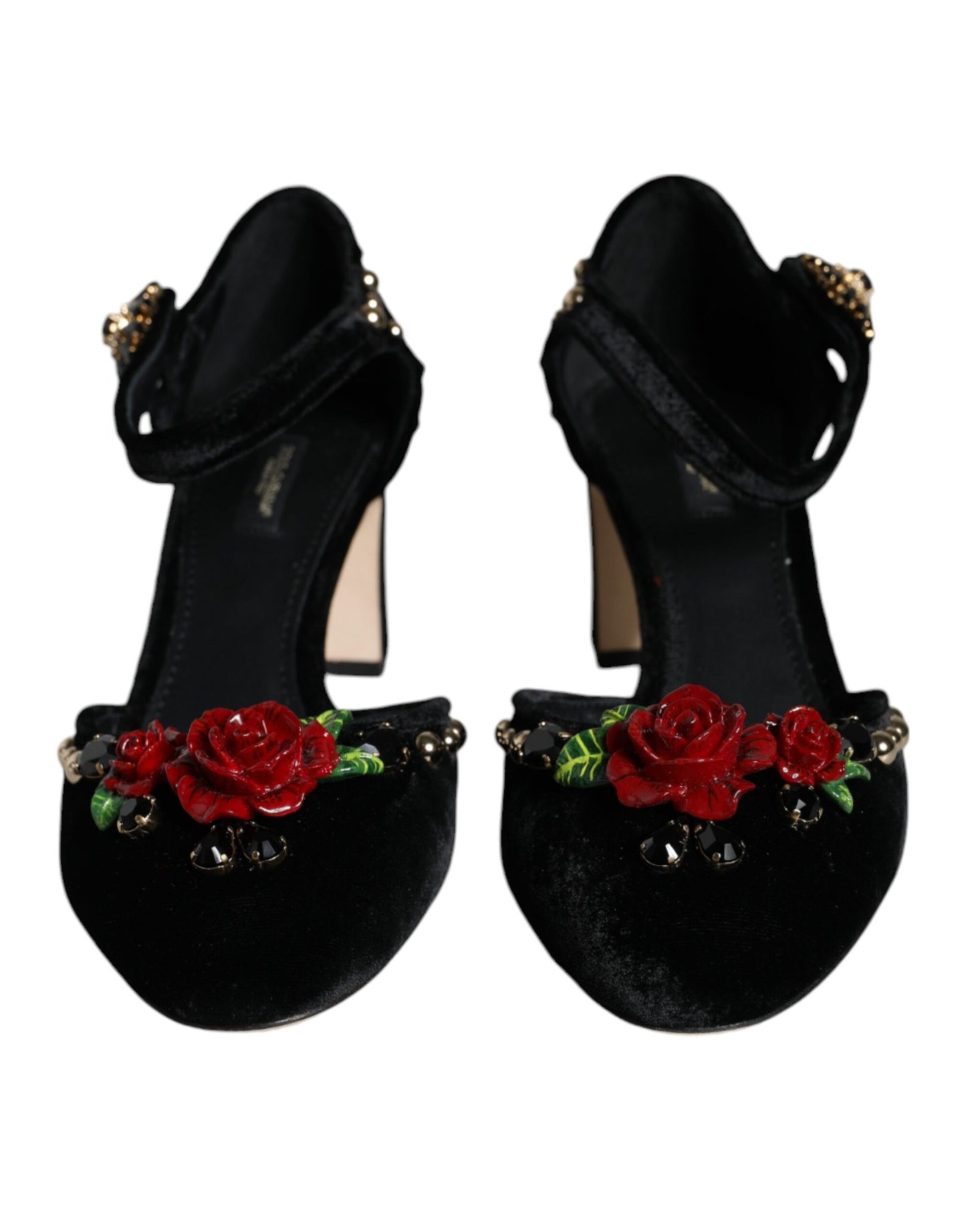 Dolce & Gabbana Schwarzer Samt Rosen Knöchelriemen Pumps Schuhe