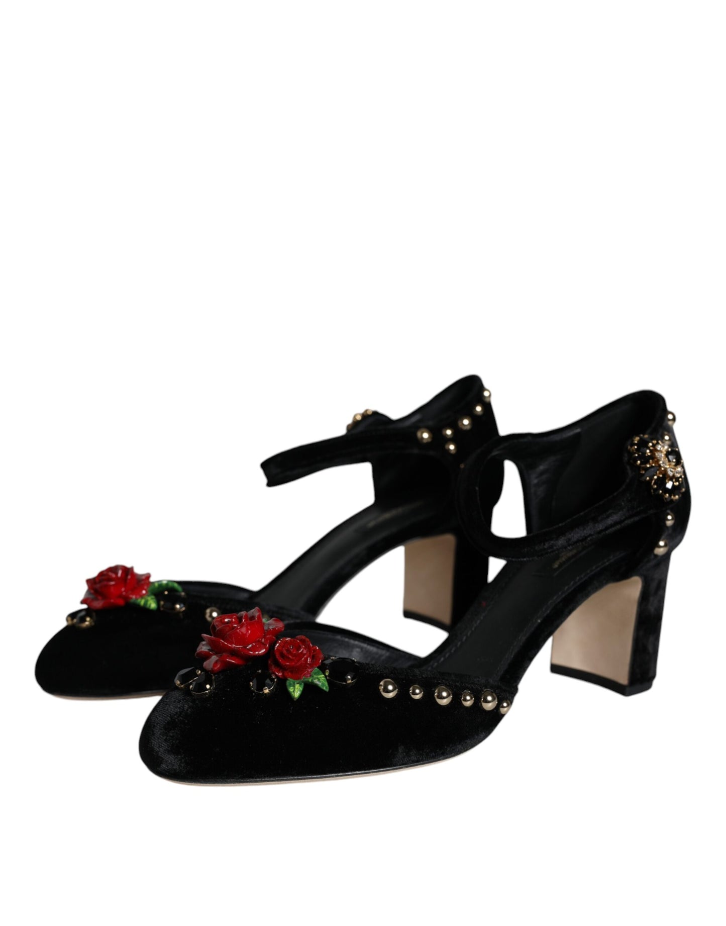 Dolce & Gabbana Schwarzer Samt Rosen Knöchelriemen Pumps Schuhe