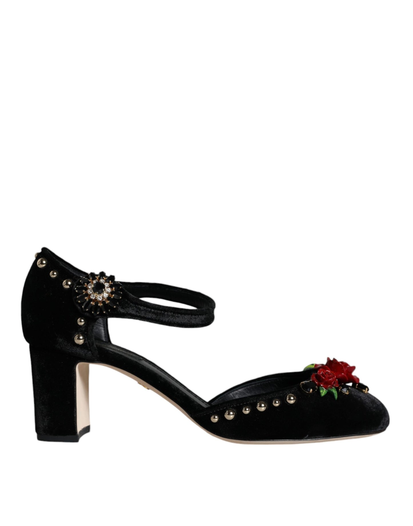 Dolce & Gabbana Schwarzer Samt Rosen Knöchelriemen Pumps Schuhe