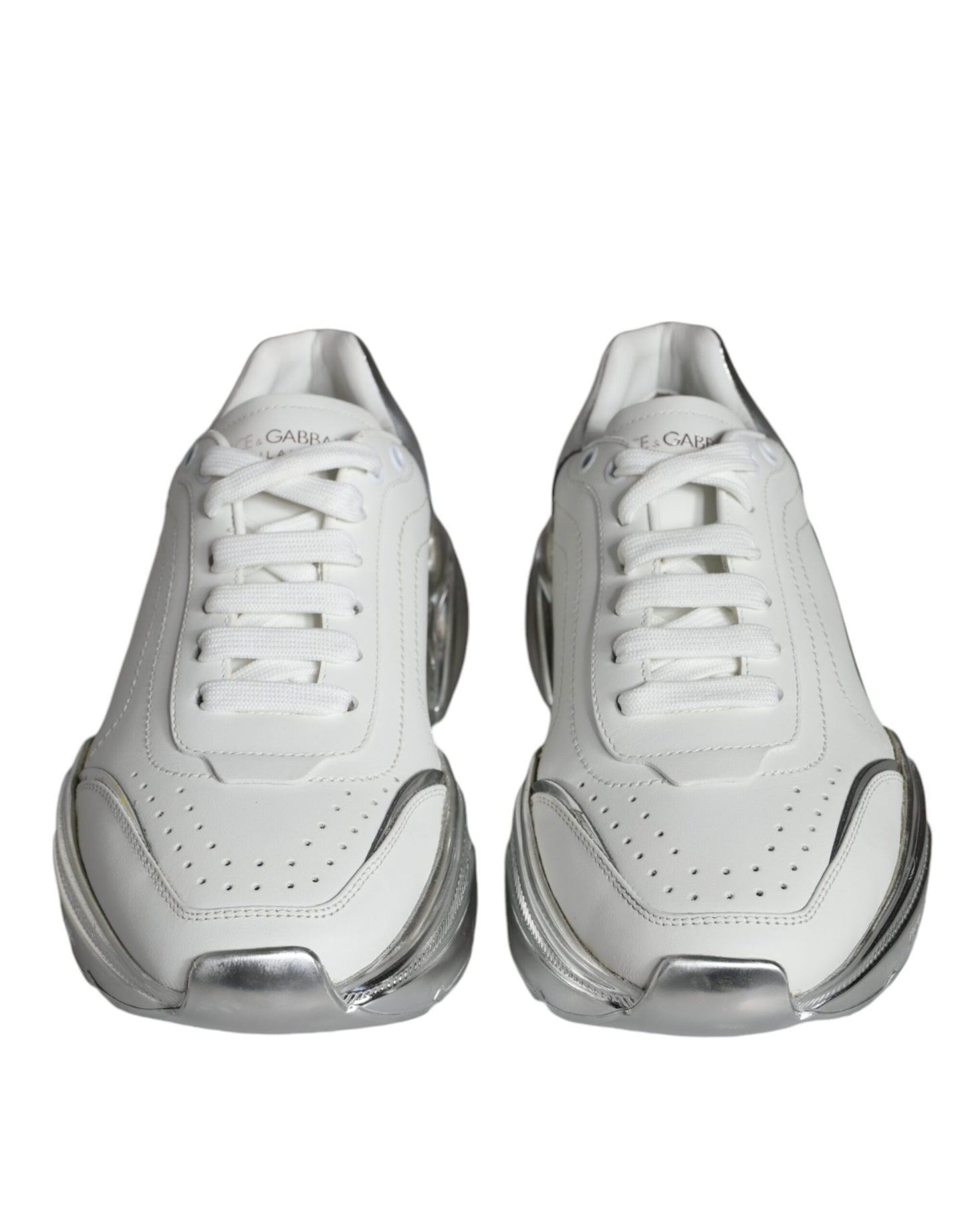 Dolce &amp; Gabbana White Silver Daymaster Leather Sneakers Shoes