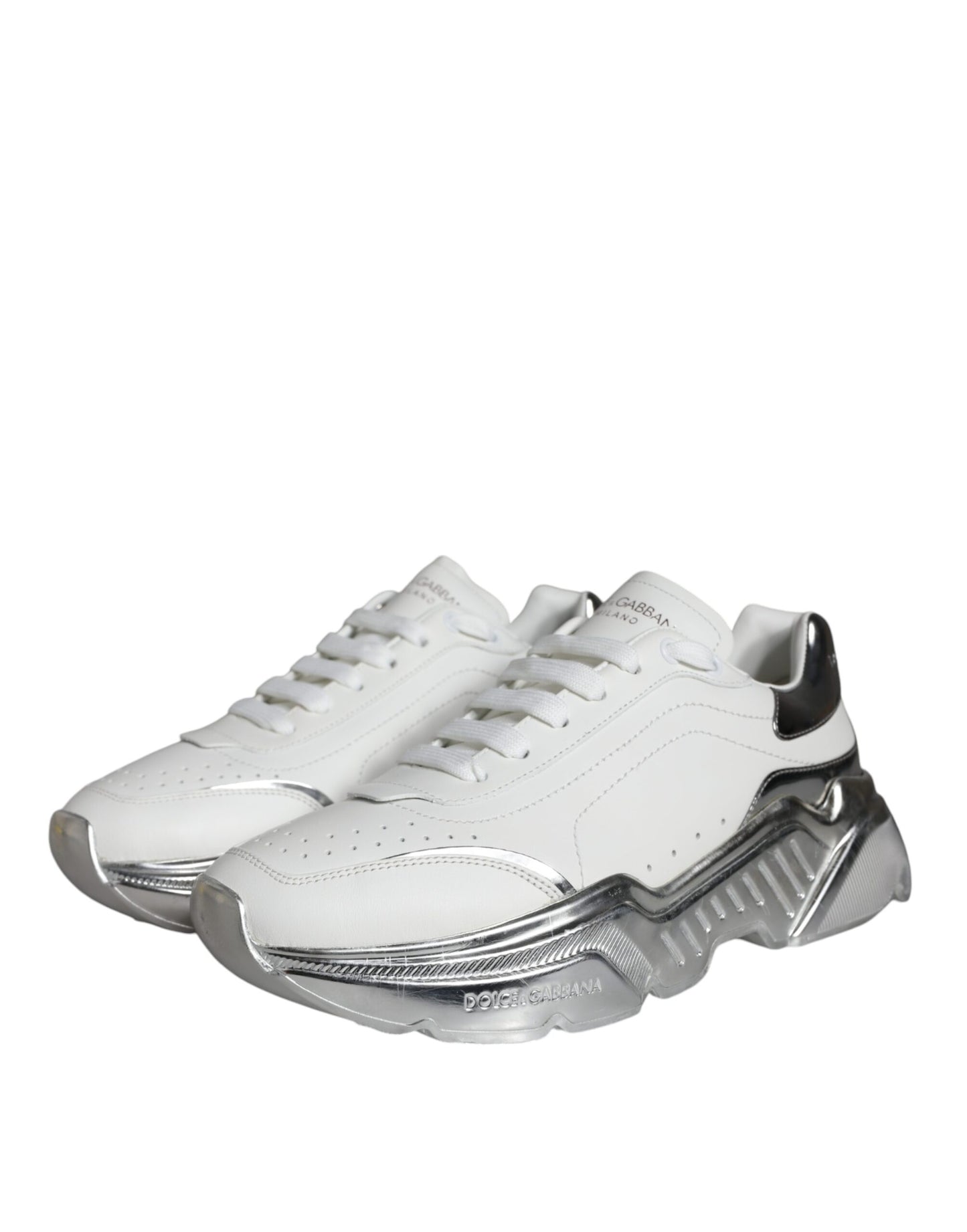 Dolce &amp; Gabbana White Silver Daymaster Leather Sneakers Shoes