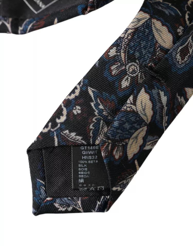 Dolce &amp; Gabbana Black Silk Tie with Floral Pattern, Adjustable for Men