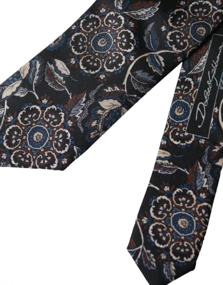 Dolce &amp; Gabbana Black Silk Tie with Floral Pattern, Adjustable for Men