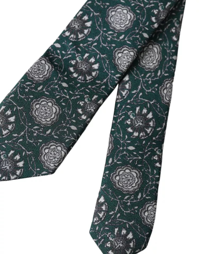 Dolce &amp; Gabbana Green Silk Tie with Floral Print, Adjustable