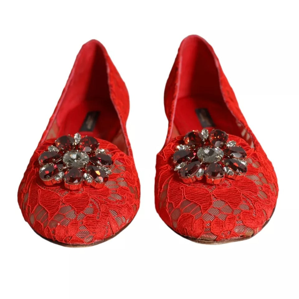 Dolce &amp; Gabbana Red Lace Crystal Ballet Flats Loafers -kengät