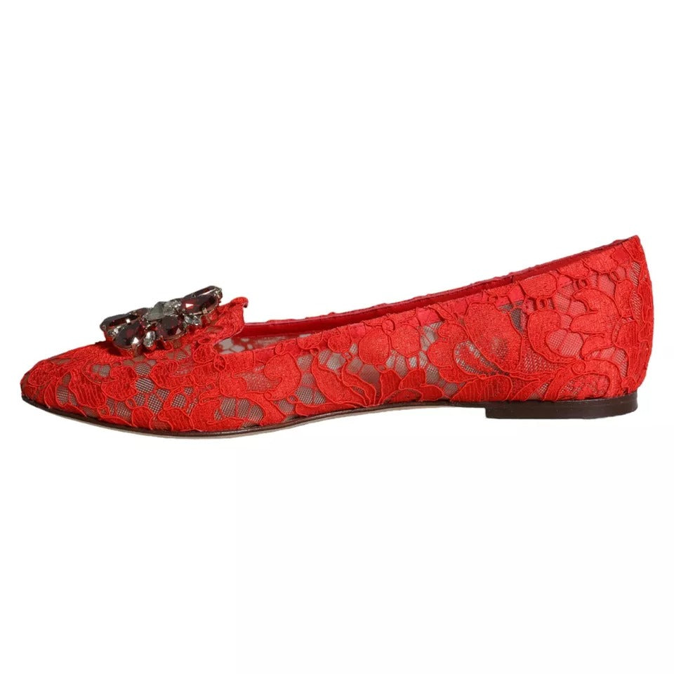 Dolce &amp; Gabbana Red Lace Crystal Ballet Flats Loafers -kengät