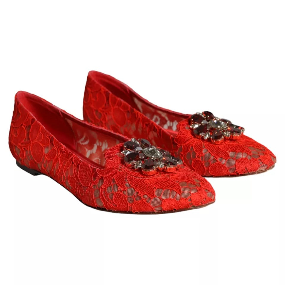 Dolce &amp; Gabbana Red Lace Crystal Ballet Flats Loafers -kengät