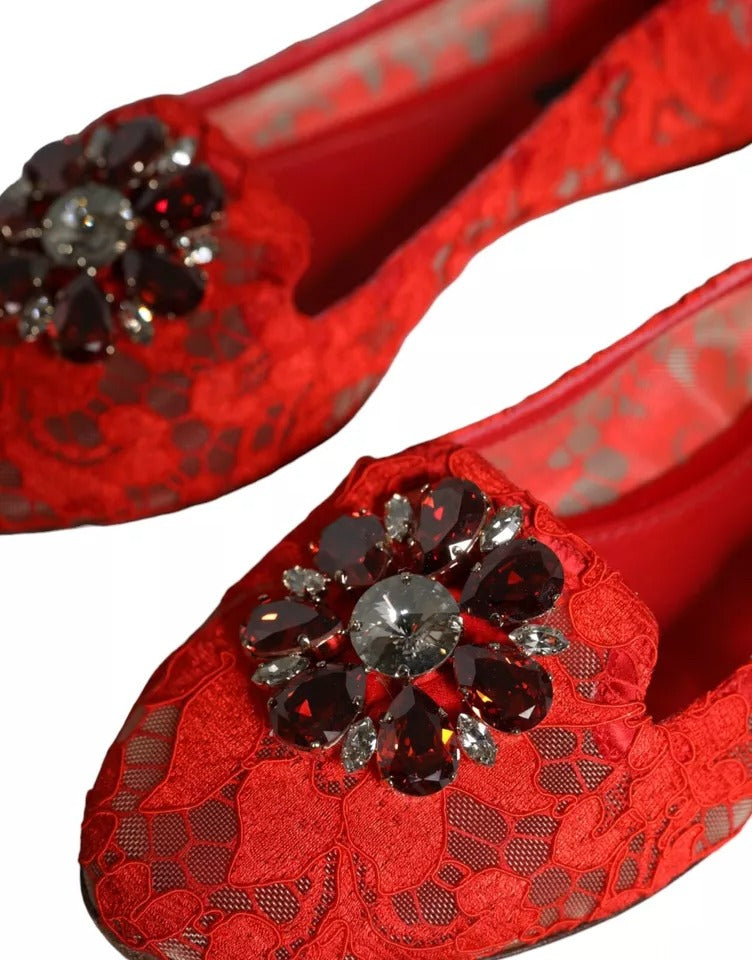 Dolce &amp; Gabbana Red Lace Crystal Ballet Flats Loafers -kengät