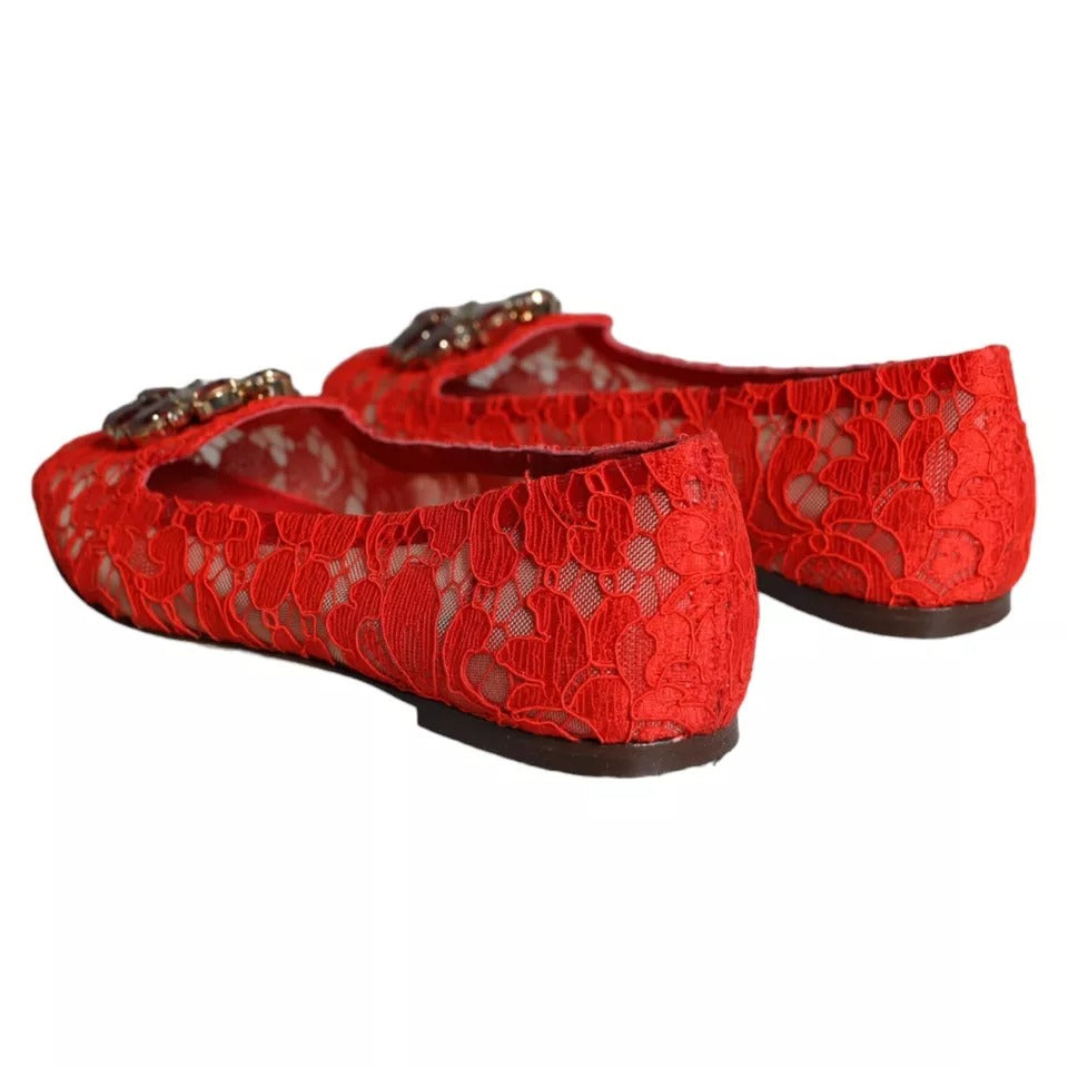 Dolce &amp; Gabbana Red Lace Crystal Ballet Flats Loafers -kengät