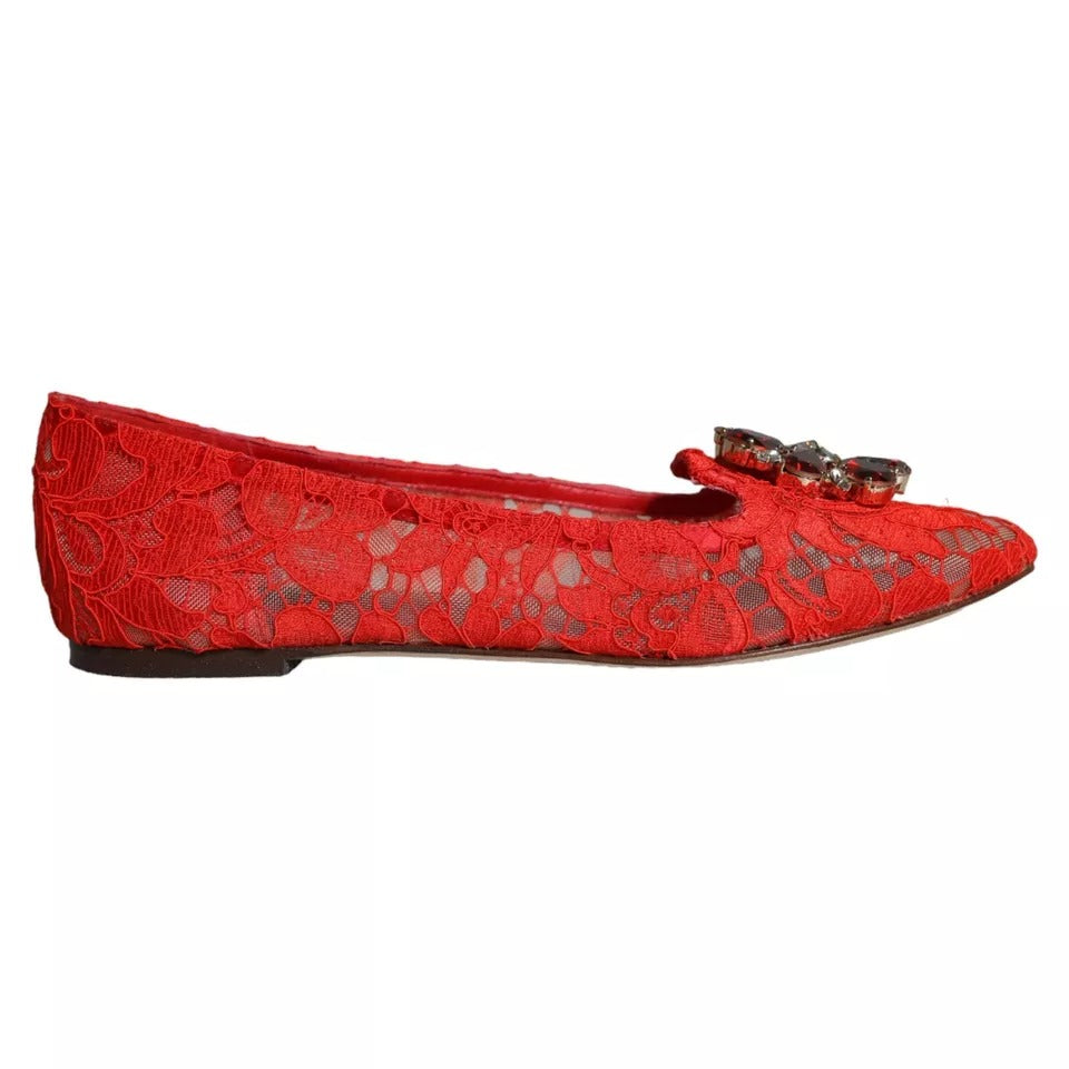 Dolce &amp; Gabbana Red Lace Crystal Ballet Flats Loafers -kengät