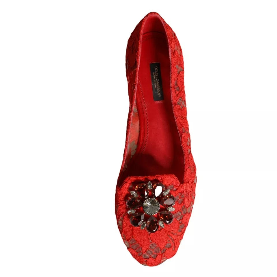 Dolce &amp; Gabbana Red Lace Crystal Ballet Flats Loafers -kengät