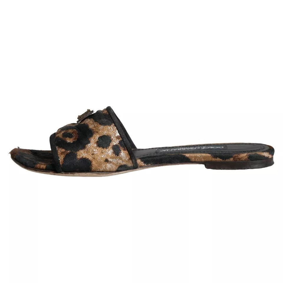 Dolce & Gabbana Braun Leopard Logo Slides Flats Sandalen Schuhe