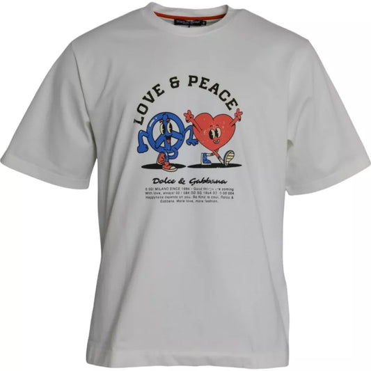 Dolce & Gabbana Weißes Love & Peace Baumwoll-T-Shirt mit Rundhalsausschnitt