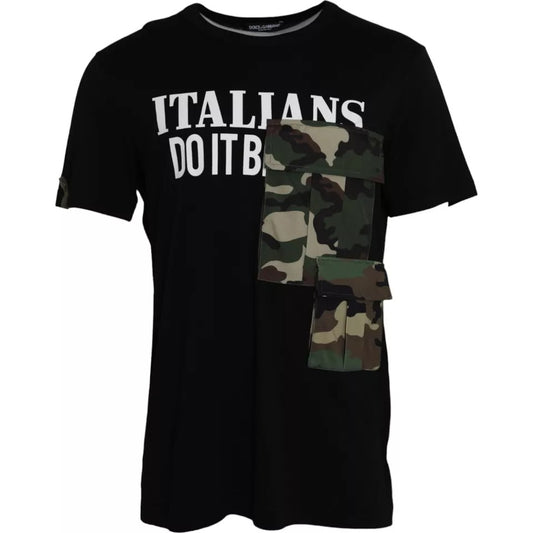 Dolce & Gabbana Schwarzes Camouflage-Baumwoll-T-Shirt mit kurzen Ärmeln