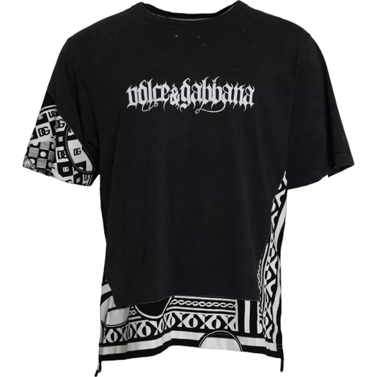 Dolce & Gabbana Schwarzes T-Shirt aus bedruckter Baumwolle mit kurzen Ärmeln