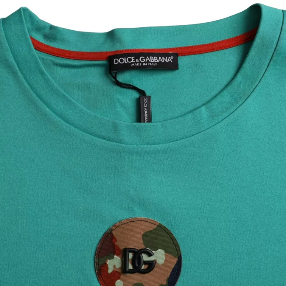 Dolce &amp; Gabbana Green Logo Patch Crew Neck Cotton T-Shirt