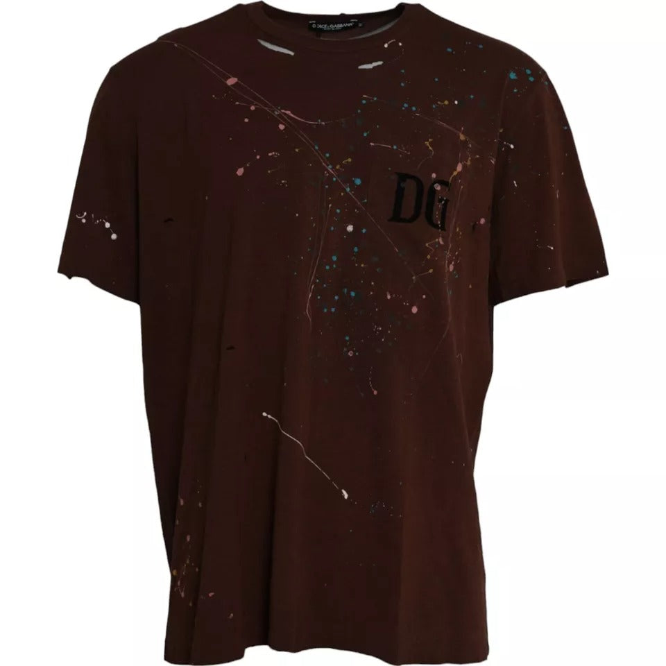 Dolce &amp; Gabbana Brown cotton crew neck T-shirt with splashes of colour