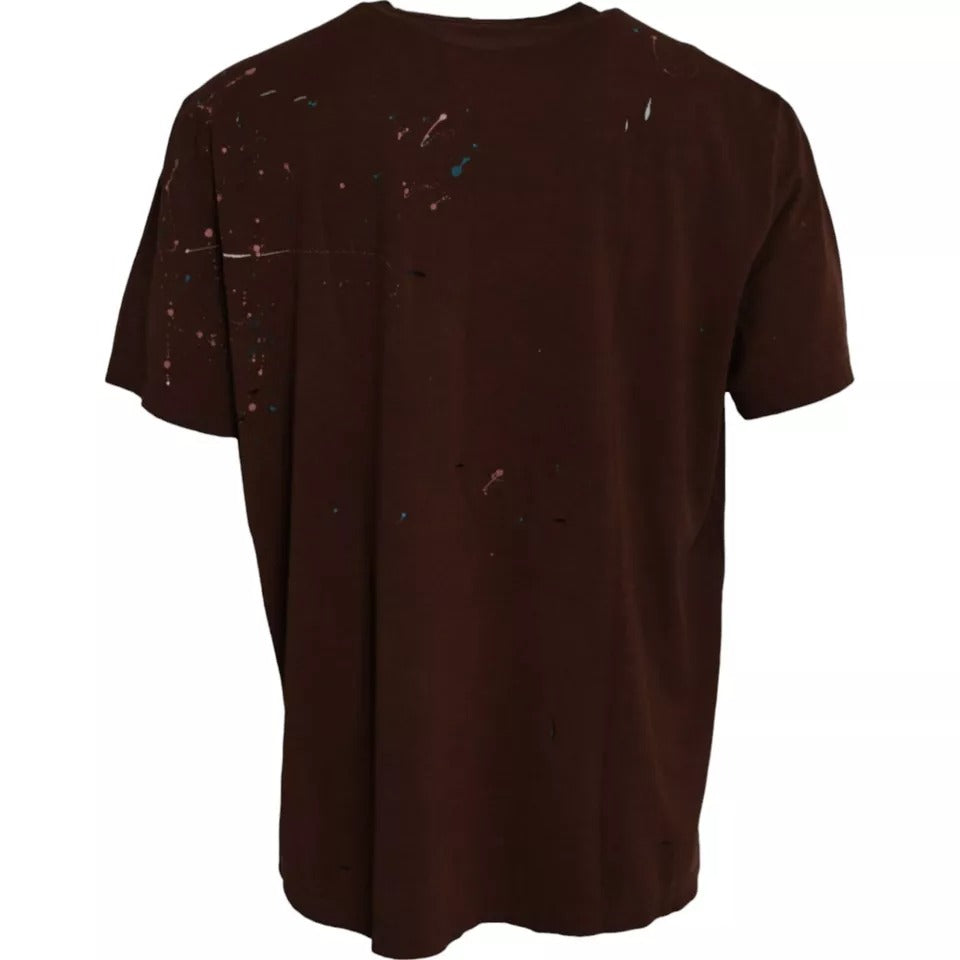 Dolce &amp; Gabbana Brown cotton crew neck T-shirt with splashes of colour