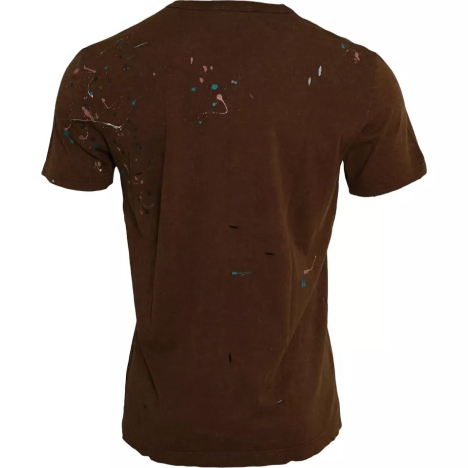 Dolce &amp; Gabbana Brown cotton crew neck T-shirt with splashes of colour