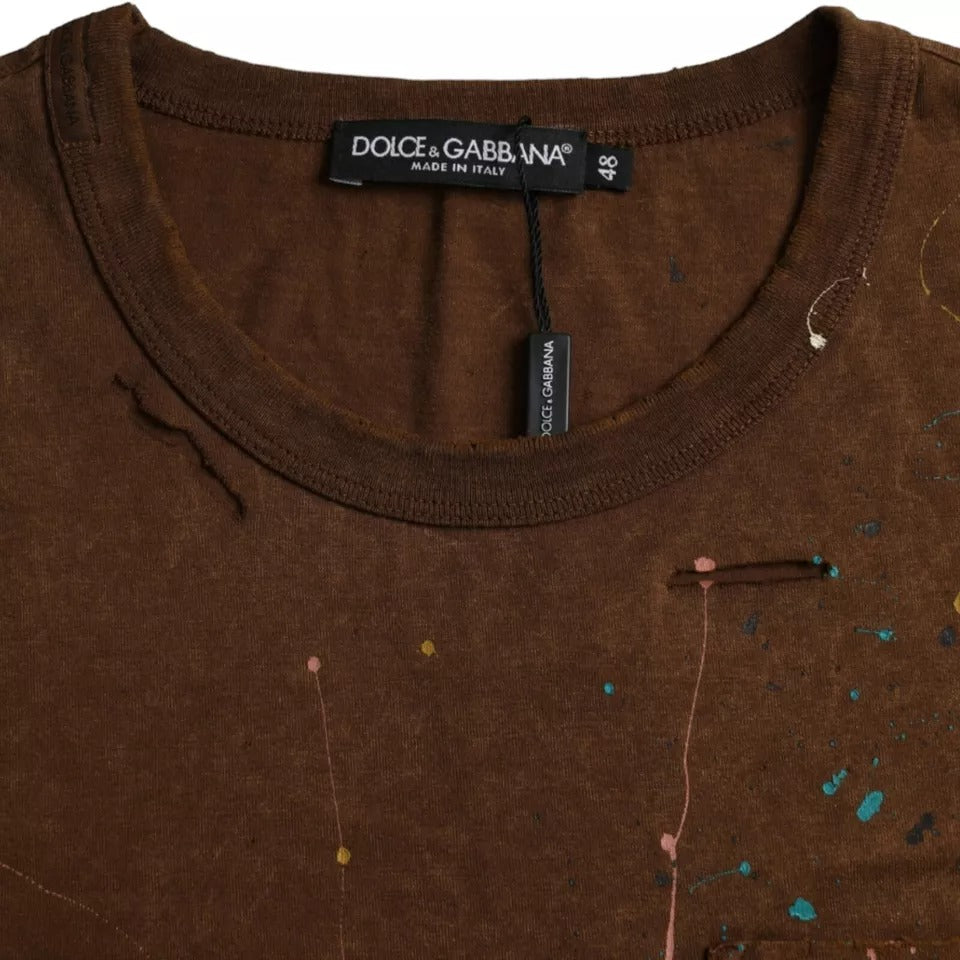 Dolce &amp; Gabbana Brown cotton crew neck T-shirt with splashes of colour