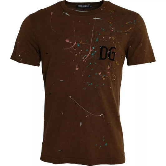 Dolce & Gabbana Braunes T-Shirt mit Rundhalsausschnitt aus Baumwolle mit Farbklecksen