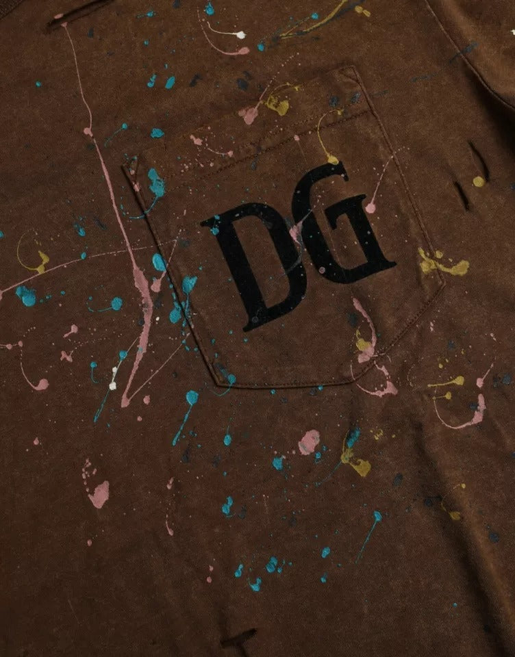 Dolce &amp; Gabbana Brown cotton crew neck T-shirt with splashes of colour