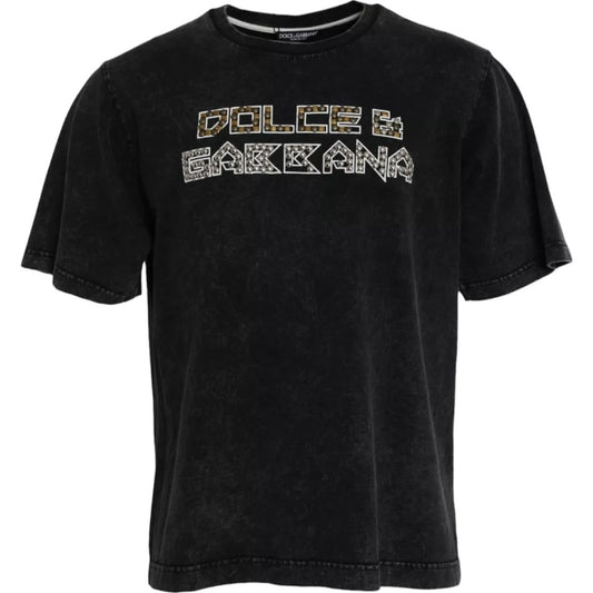 Dolce &amp; Gabbana Black Cotton Crew Neck Logo Print T-paita miehille