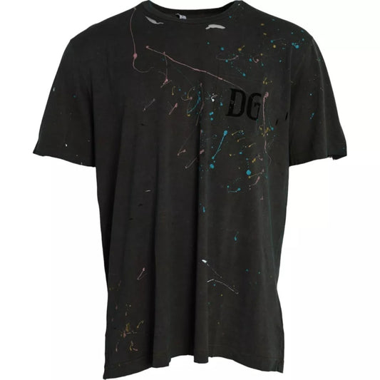 Dolce & Gabbana Graues T-Shirt mit Rundhalsausschnitt aus Baumwolle mit Farbklecksen