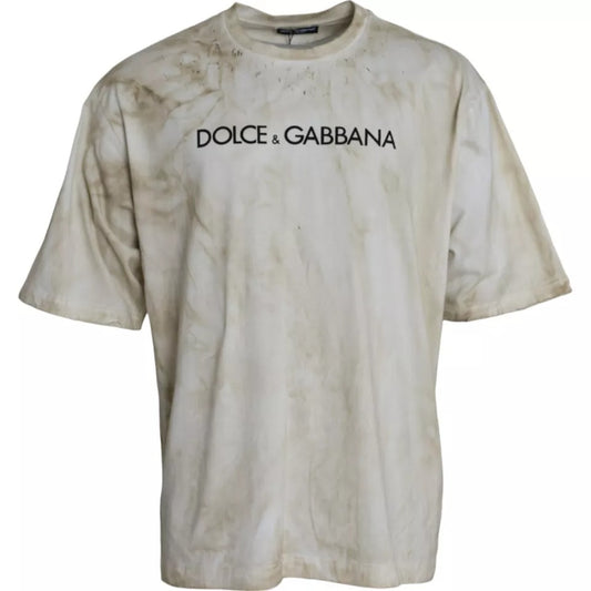 Dolce & Gabbana Off White Logo Baumwolle Rundhals T-Shirt