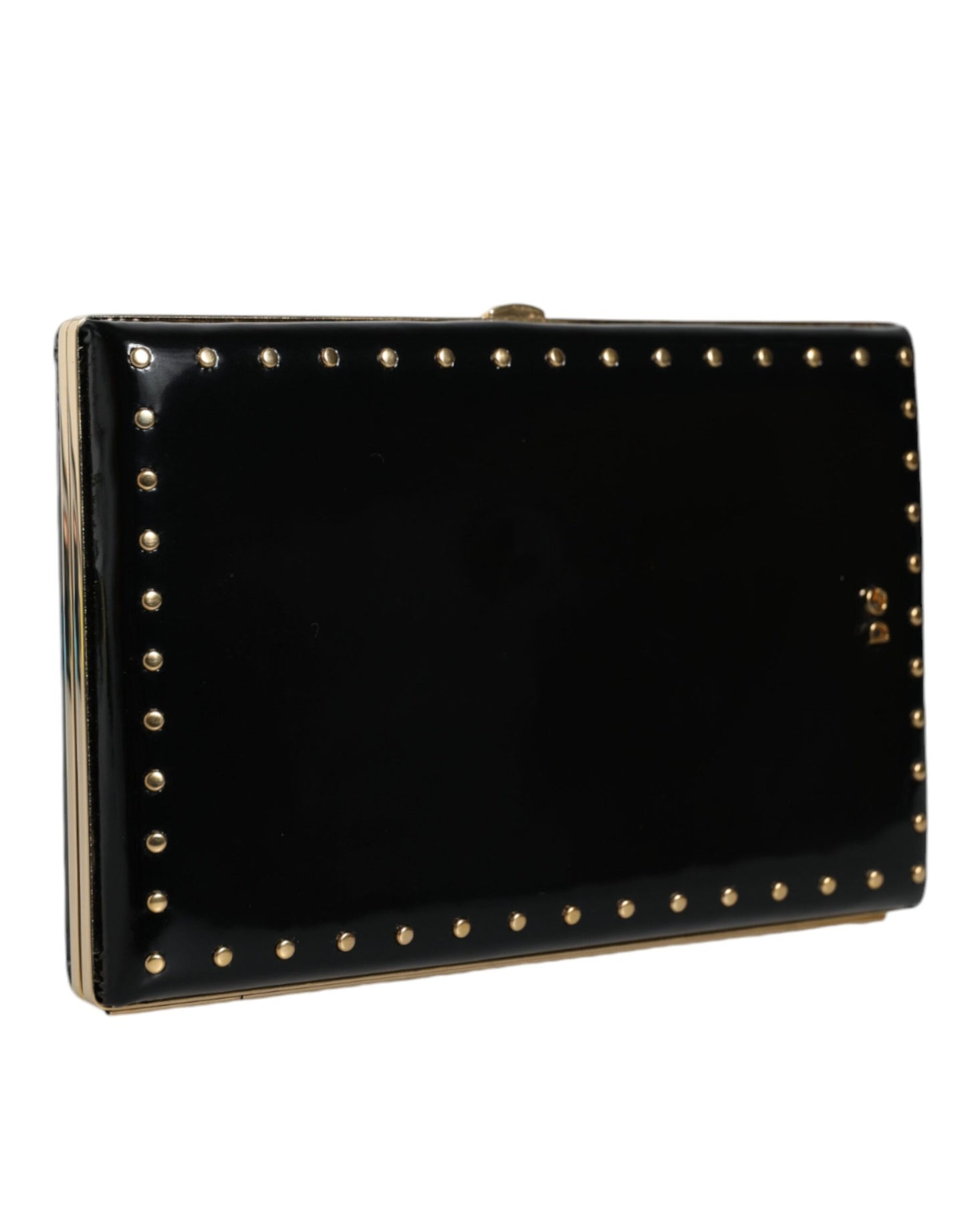 Dolce & Gabbana Schwarzes Leder Nieten Goldrahmen Clutch Abendtasche Tasche