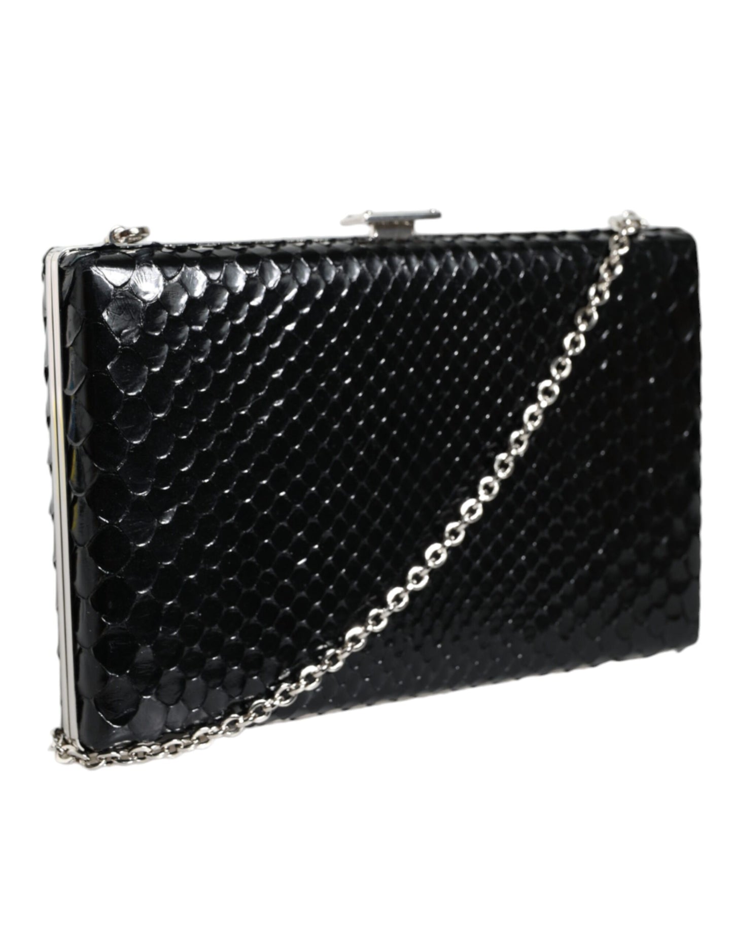 Dolce & Gabbana Schwarzes Leder Silberrahmen Clutch Mini Crossbody Tasche